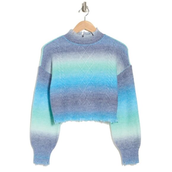 🩵 NYC Knits Blue Teal Ombre Distressed Mock Neck Cropped Sweater Size Large - Picture 3 of 12